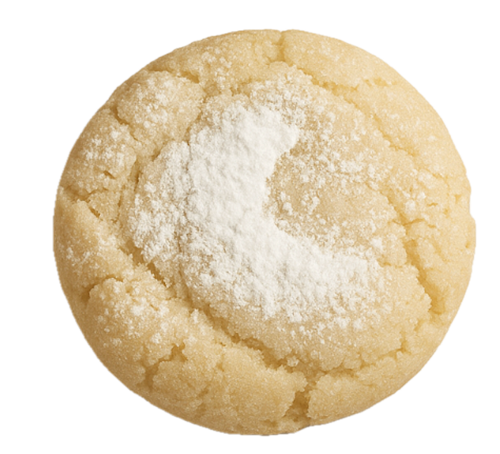 Round golden butter cake cookie with cracked surface and white powdered sugar dusting on top