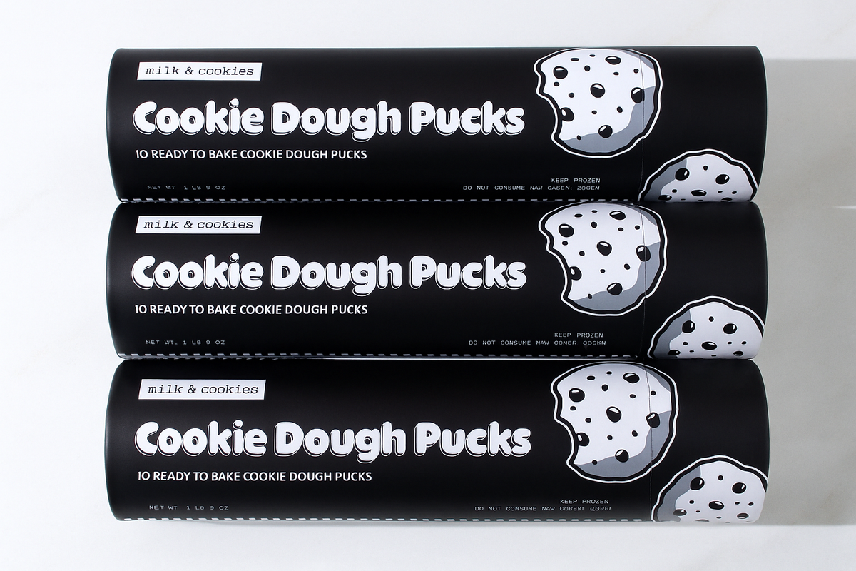 Three black cylindrical packages of milk & cookies Cookie Dough Pucks stacked vertically, each containing 10 ready-to-bake pucks with chocolate chip cookie illustrations.