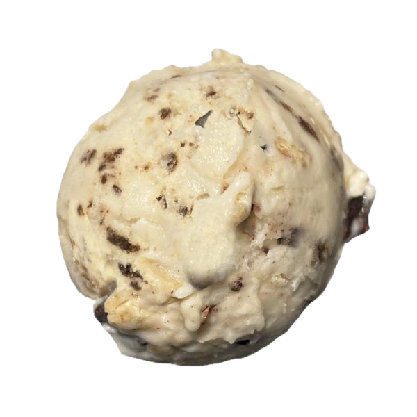 A scoop of vanilla ice cream with chocolate chips and oatmeal cookie pieces mixed throughout on white background