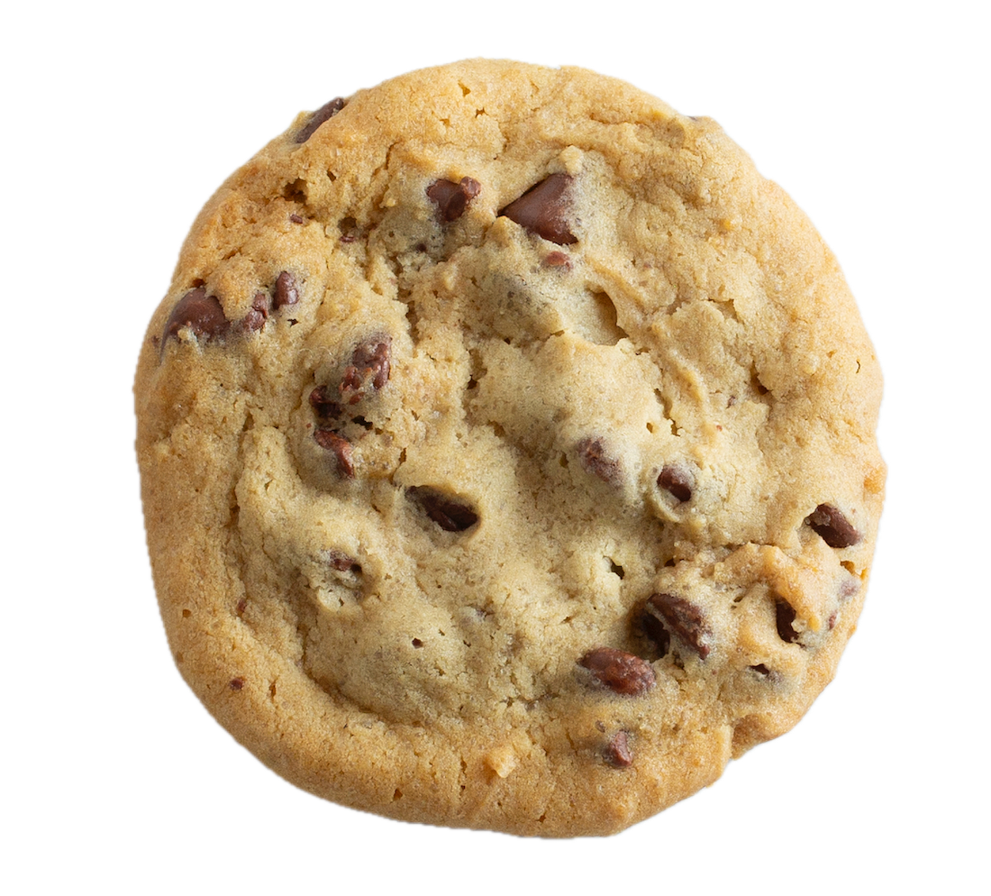 Golden-brown chocolate chip cookie with dark chocolate chunks scattered throughout, photographed from above on white background