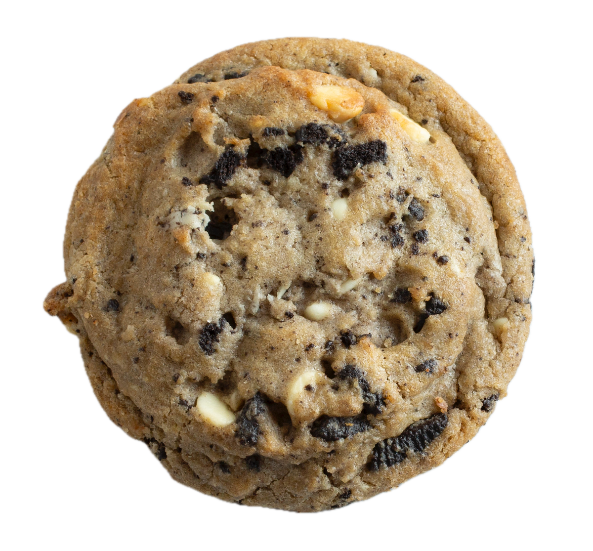 Golden-brown cookies and cream cookie with dark chocolate cookie pieces and white cream chunks, viewed from above