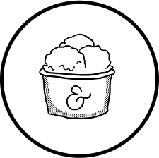 Black and white circular icon featuring a bucket or container filled with fluffy clouds or cotton balls
