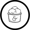 Black circular icon with simple line drawing of an ice cream sundae in a cup with whipped cream and cherry on top