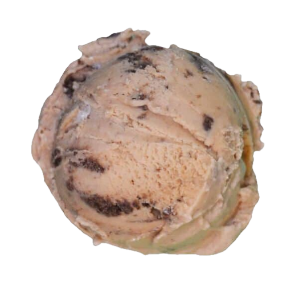 Scoop of espresso ice cream with chocolate cookie pieces in a clear plastic container