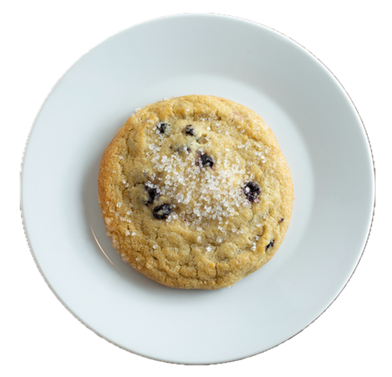 Golden chocolate chip cookie with sea salt on white plate against white background