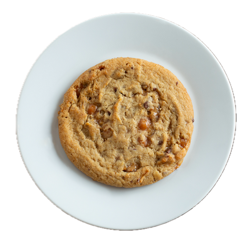 Golden brown chocolate chip cookie with nuts on a white ceramic plate