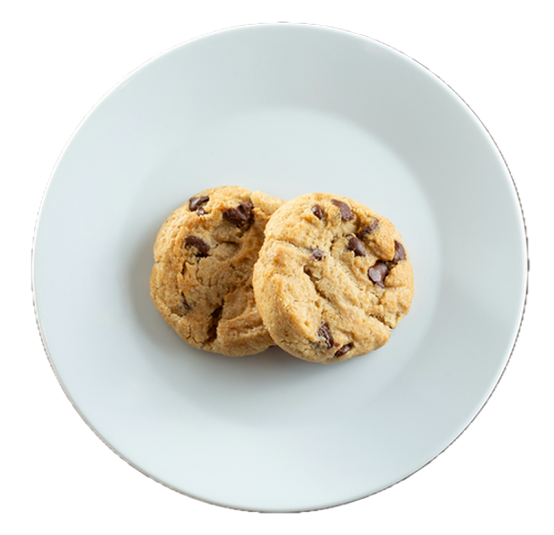 Two golden chocolate chip cookies on a light blue ceramic plate against white background