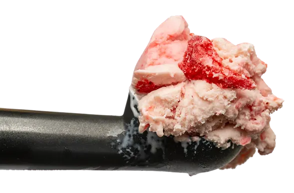 Raw ground meat mixture with red and pink chunks on black knife blade against white background