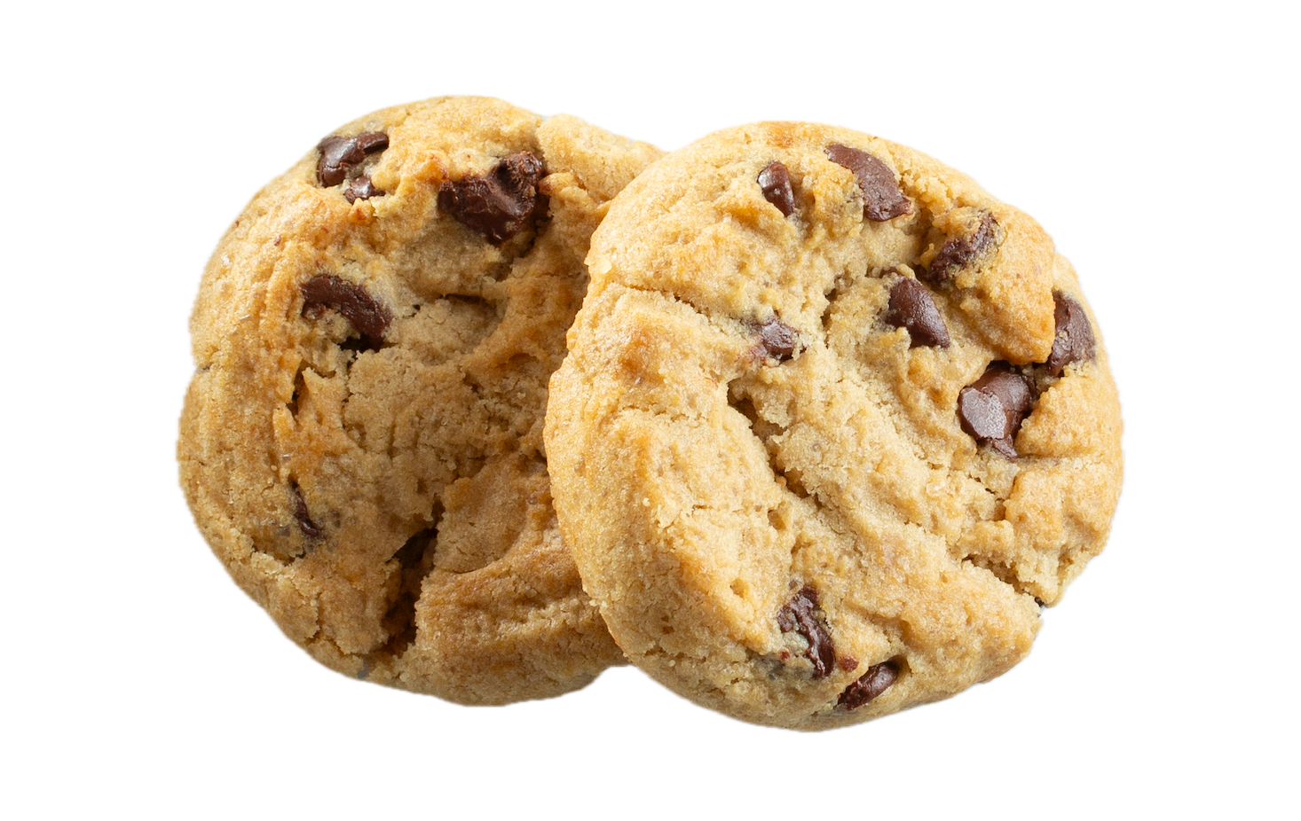 Two golden-brown gluten-free chocolate chip cookies with dark chocolate chips, shown against a white background.