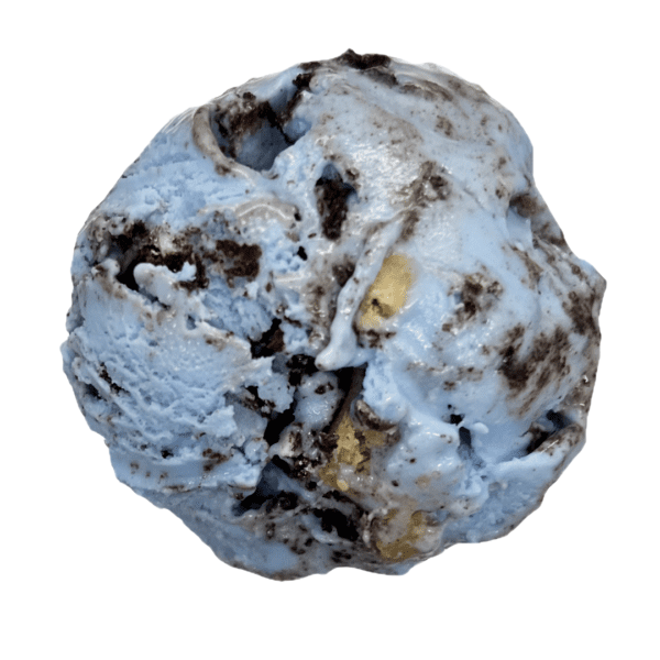Blue and white mineral specimen with dark brown and golden inclusions, resembling a chunky cookie texture