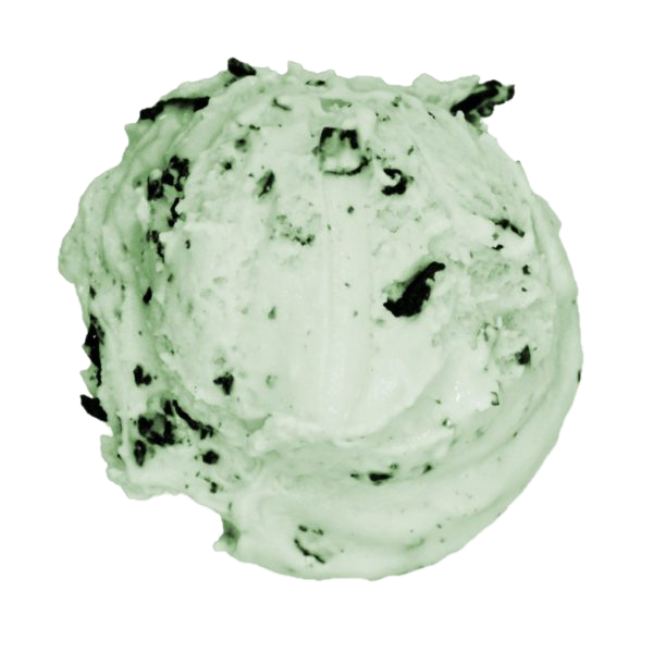 A scoop of mint green ice cream with dark chocolate chips scattered throughout on a white background.