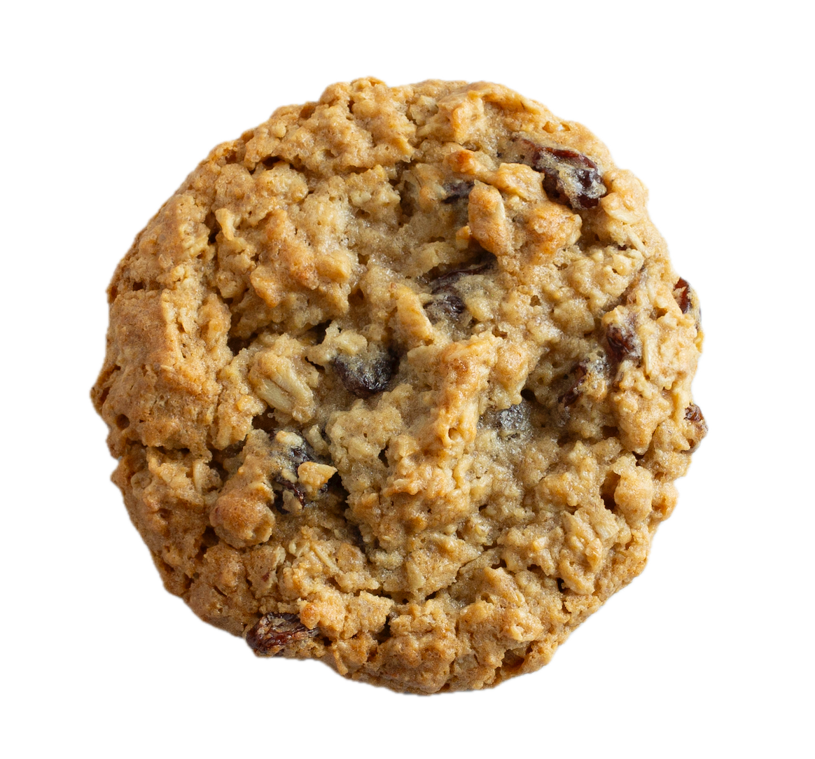 Golden-brown oatmeal raisin cookie with visible oats, dark raisins, and textured surface on white background