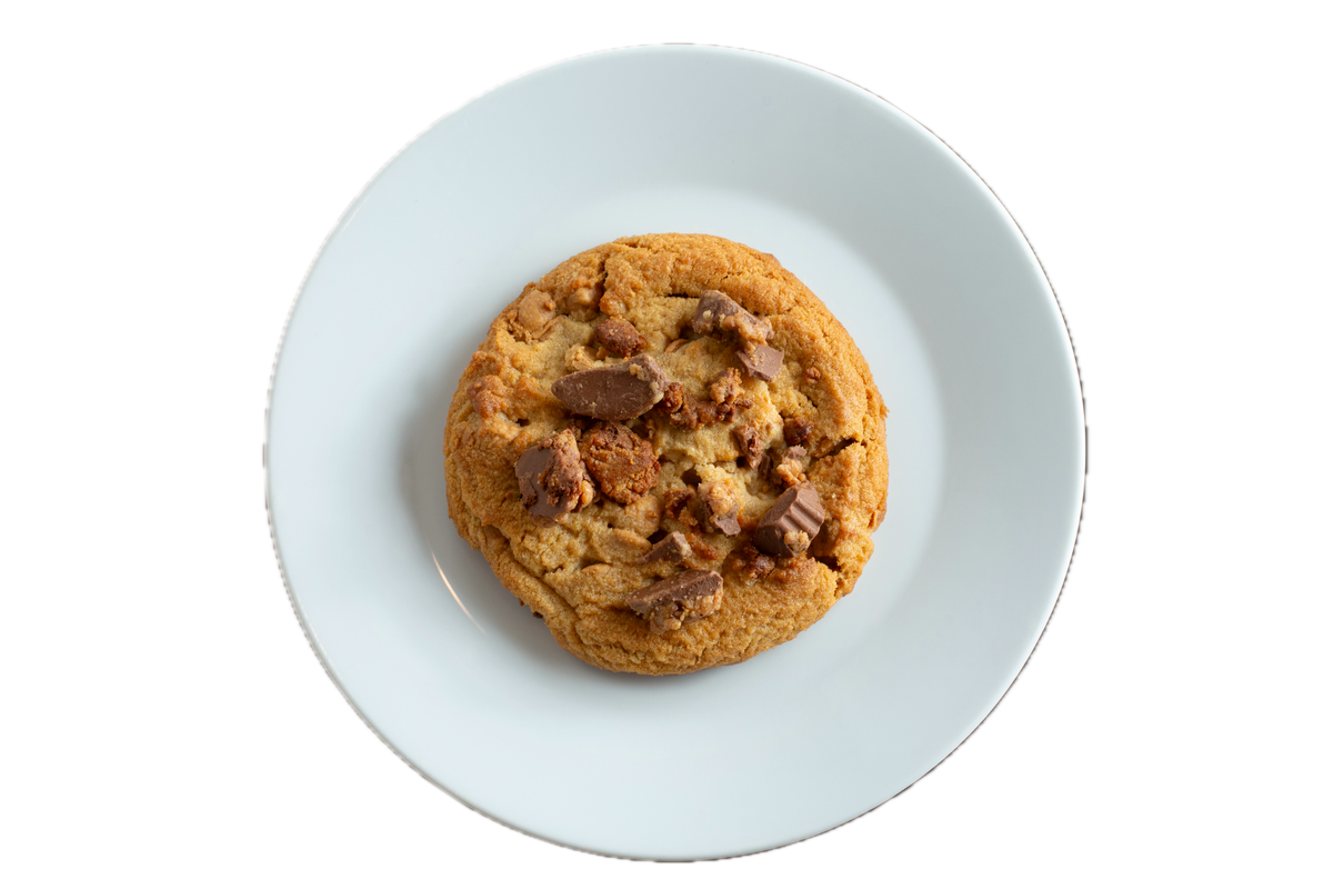 Golden chocolate chip cookie with peanut butter cup pieces on white plate against black background