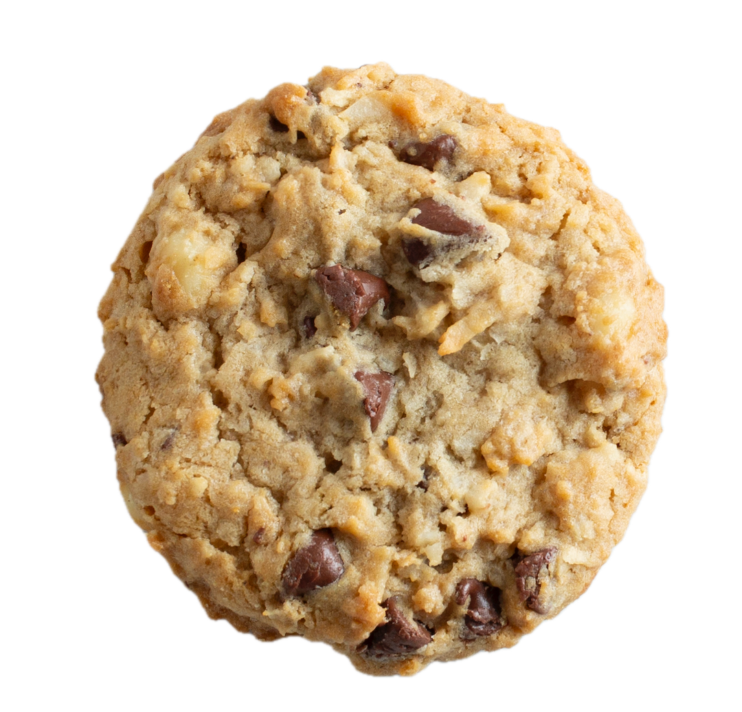 Golden brown oatmeal cookie with chocolate chips, nuts, and coconut flakes on white background
