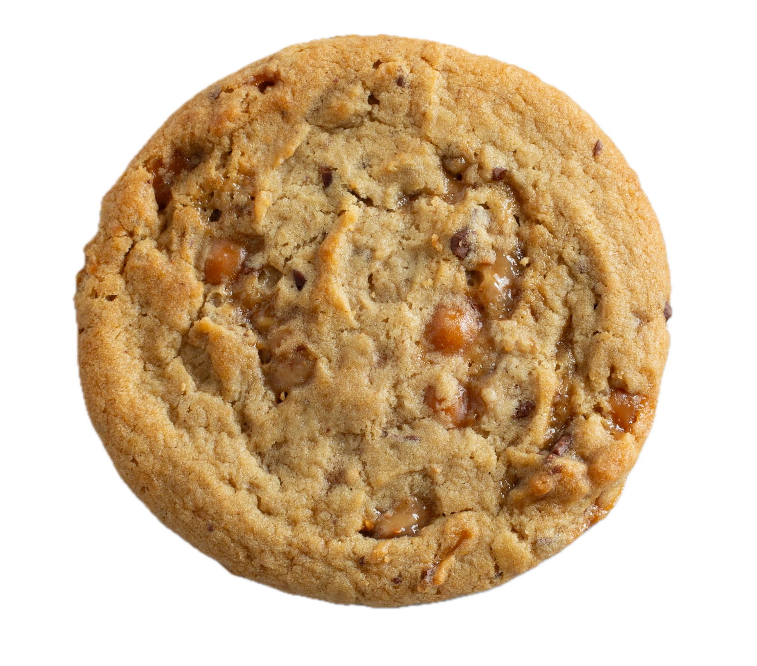 Golden brown salted caramel cookie with visible caramel chunks and sea salt crystals on white background