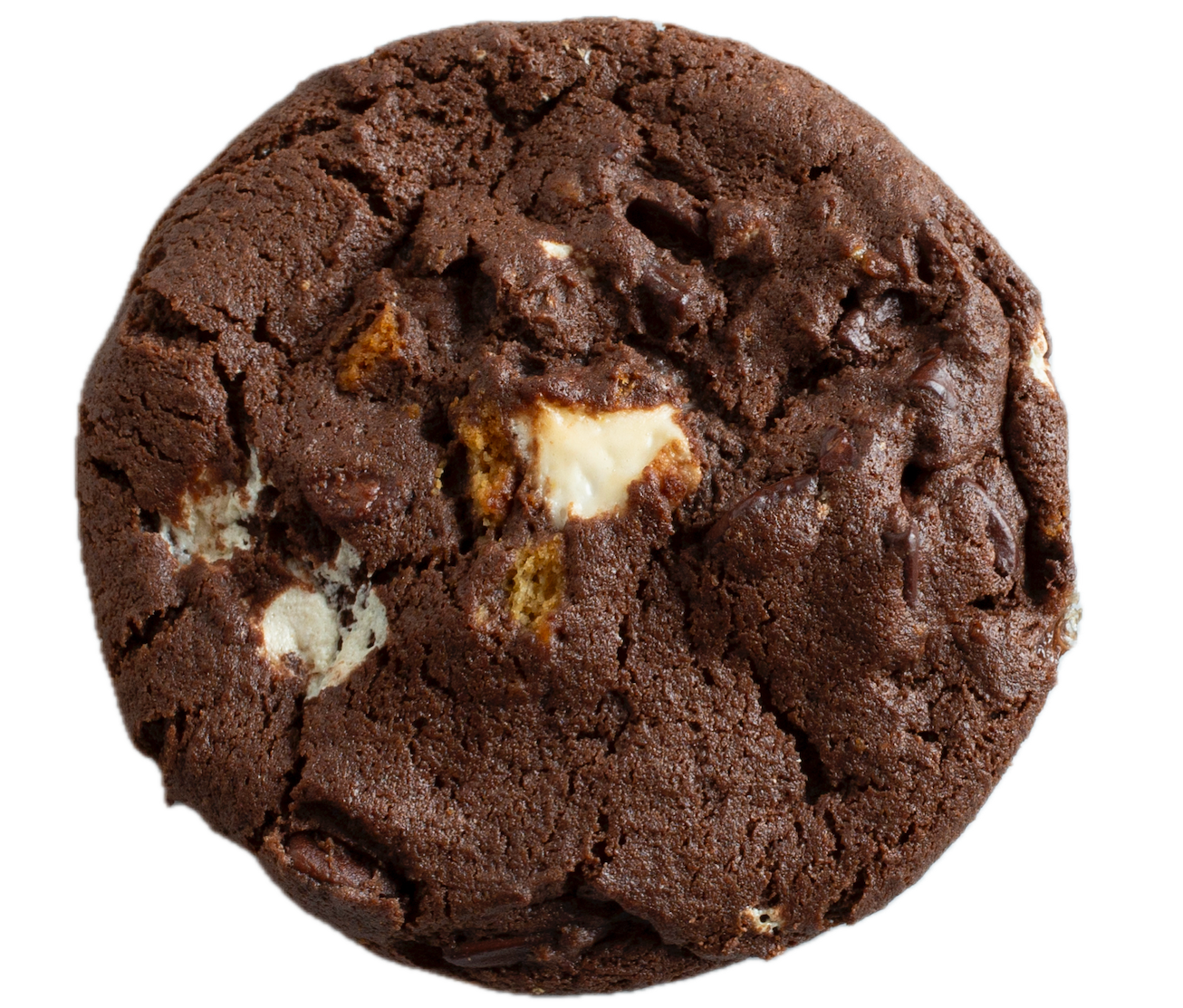 Rich chocolate cookie with melted marshmallow and golden graham cracker pieces, viewed from above on white background