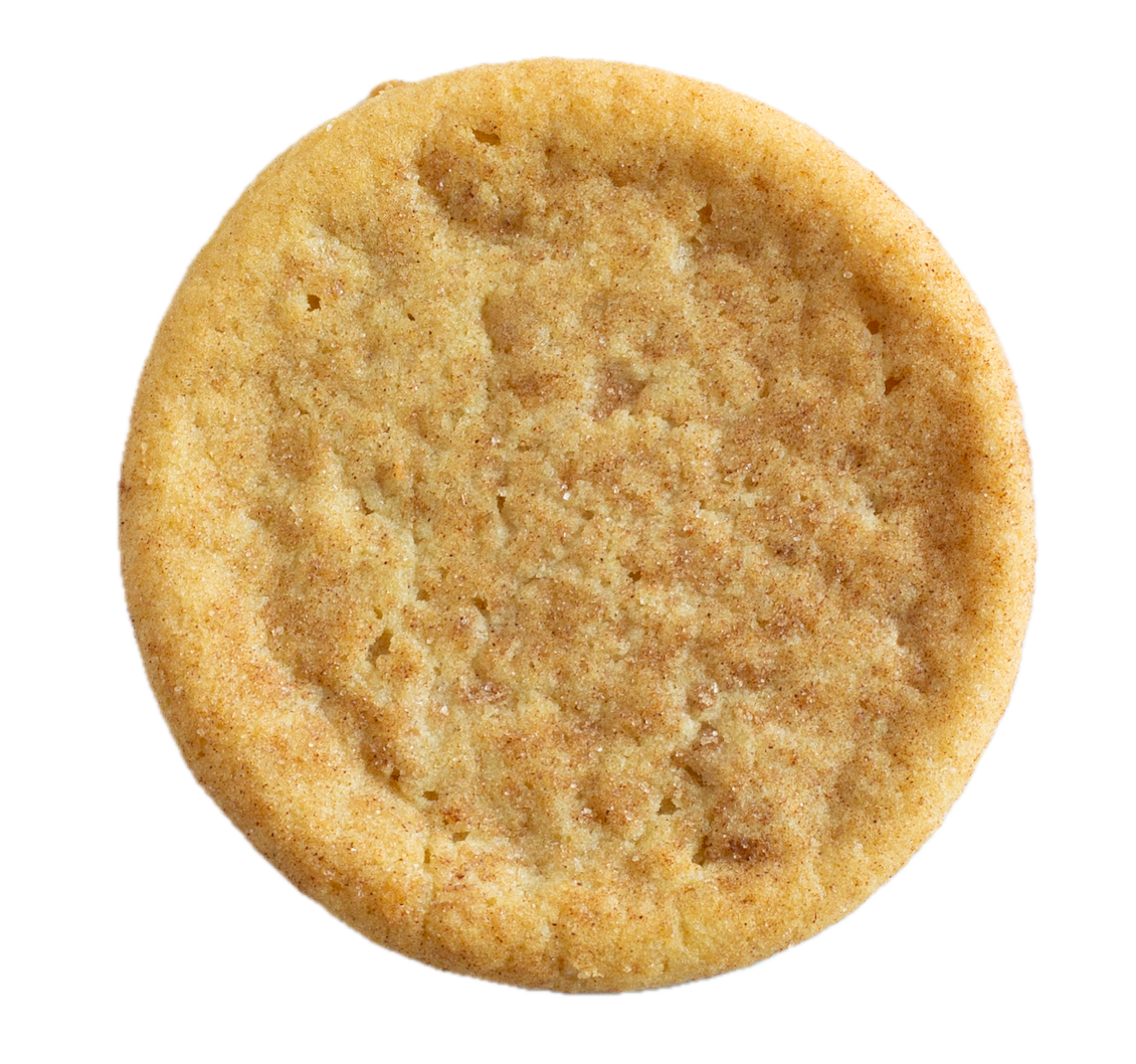 Golden-brown snickerdoodle cookie with cinnamon-sugar coating and characteristic cracked surface texture on white background