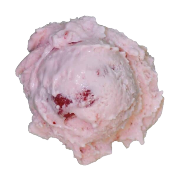 Scoop of pink strawberry ice cream with red berry pieces and swirled texture on white background