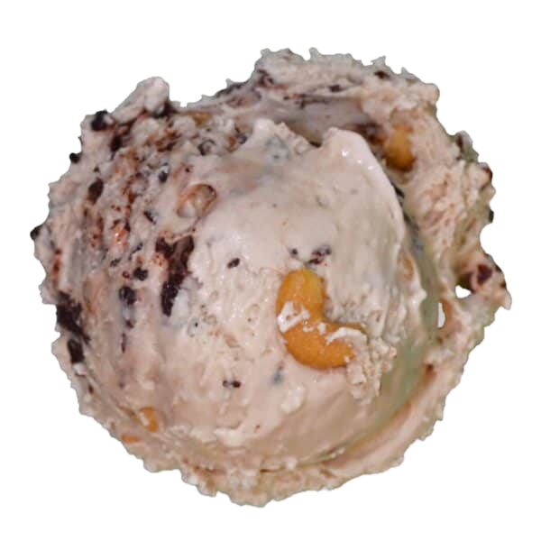 Scoop of vanilla ice cream with chocolate chips, cookie pieces, and orange candies mixed throughout