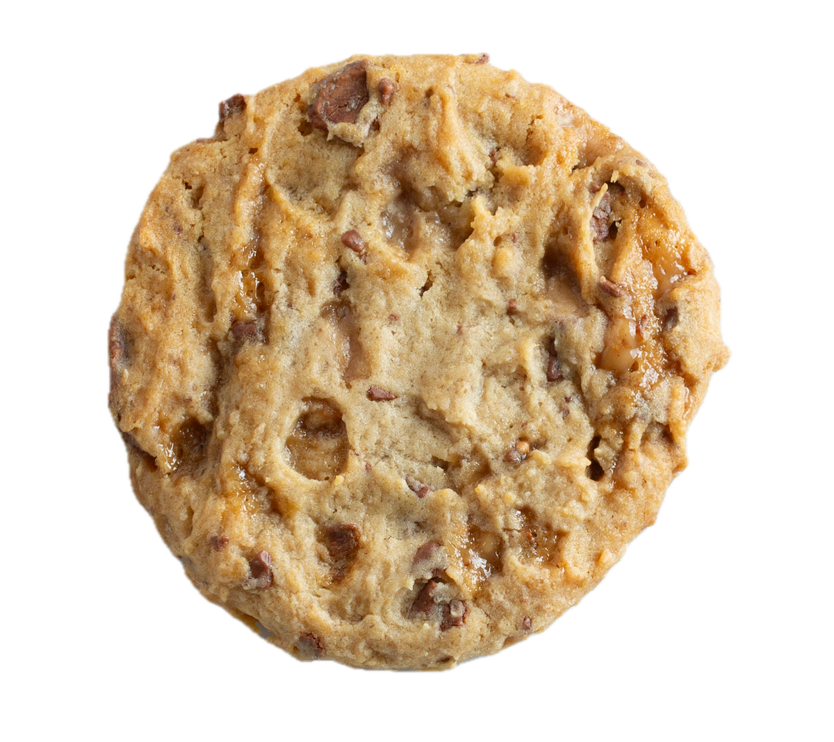 Golden brown cookie with visible toffee bits and caramel swirls, photographed from above on white background