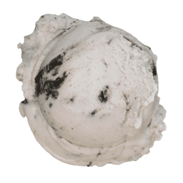 White ice cream scoop with dark chocolate cookie pieces mixed throughout on white background