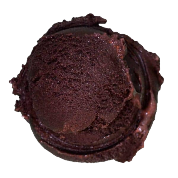 Rich dark chocolate ice cream scoop with fudgy texture and chocolate chunks against white background