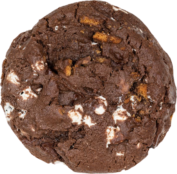 Rich chocolate cookie with white chocolate chips and pretzel pieces on white background