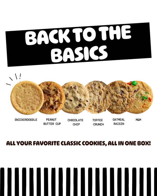 Six classic cookies in a row - snickerdoodle, peanut butter cup, chocolate chip, toffee crunch, oatmeal raisin, and M&M varieties on white background with black striped border