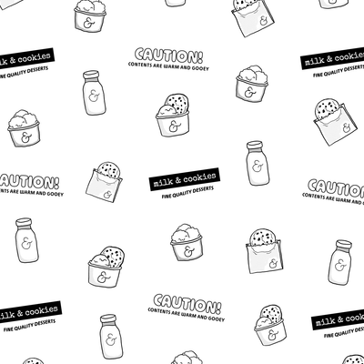 Black and white pattern featuring milk bottles, cookie containers, and "CAUTION: CONTENTS ARE WARM AND GOOEY" text on white background