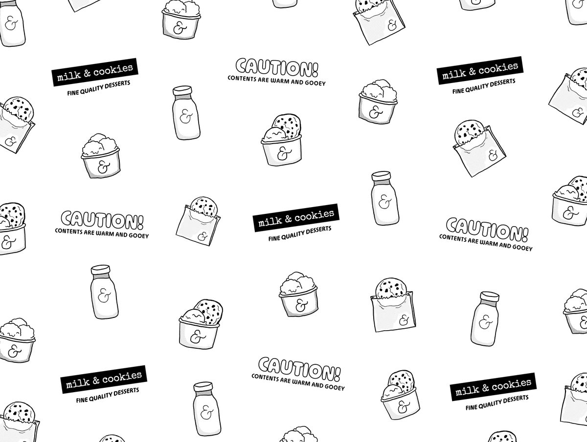 Black and white pattern featuring milk bottles, cookie containers, and "CAUTION: CONTENTS ARE WARM AND GOOEY" text on white background