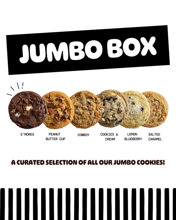 Six large cookies in different flavors arranged in a row - S'mores, Peanut Butter Cup, Cowboy, Cookies & Cream, Lemon Blueberry, and Salted Caramel - labeled as "Jumbo Box" curated selection